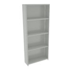 A tall, light gray metal shelving unit with five shelves, designed for storing items. The shelves are evenly spaced, and the unit has a simple, industrial look, with visible bolts and frame edges.