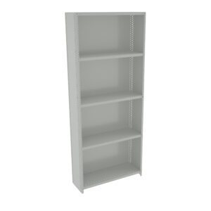 A tall, light gray metal shelving unit with five shelves, designed for storing items. The shelves are evenly spaced, and the unit has a simple, industrial look, with visible bolts and frame edges.