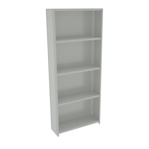 hrwtre0fnwhhhqe4tlt5.jpg A tall, light gray metal shelving unit with five shelves, designed for storing items. The shelves are evenly spaced, and the unit has a simple, industrial look, with visible bolts and frame edges.