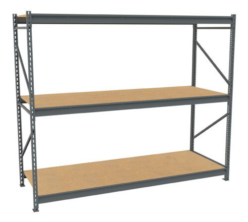 hs89rutn5ke7ngchqyxr.jpg Industrial metal shelving unit with three wooden shelves, featuring a sturdy gray metal frame. The shelving is empty, highlighting its spacious and utilitarian design. Ideal for storage in garages or warehouses.
