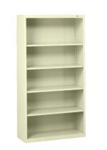 A tall, white, metal bookshelf with five shelves. The unit is empty and stands against a plain white background.