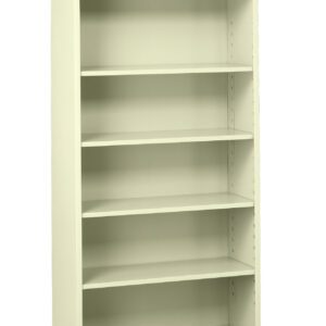 A tall, white, metal bookshelf with five shelves. The unit is empty and stands against a plain white background.