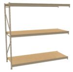 Industrial metal shelving unit with three wooden shelves. The structure is beige with a simple, sturdy design suitable for storage in garages or warehouses. The unit is empty and isolated on a white background.