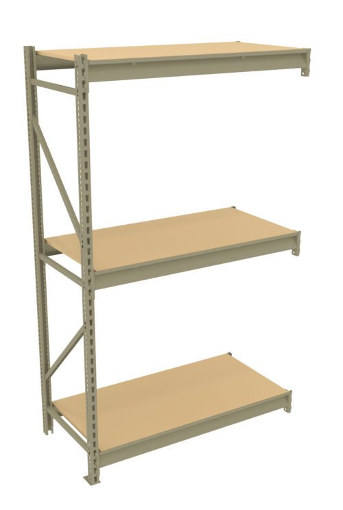 A metal shelving unit with three beige shelves and a silver frame. The structure includes diagonal support bars on one side and vertical supports with adjustable holes for shelf placement. The shelves are evenly spaced.