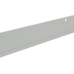 A long, flat, grey metal angle bracket with two holes for mounting, viewed from a slight angle.