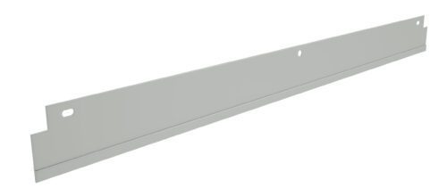 A long, flat, grey metal angle bracket with two holes for mounting, viewed from a slight angle.