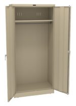 A beige metal storage cabinet with open double doors. Inside, there is a long horizontal shelf at the top and an empty space below, indicating its use for storing large items or hanging clothes. The cabinet has a simple, industrial design.