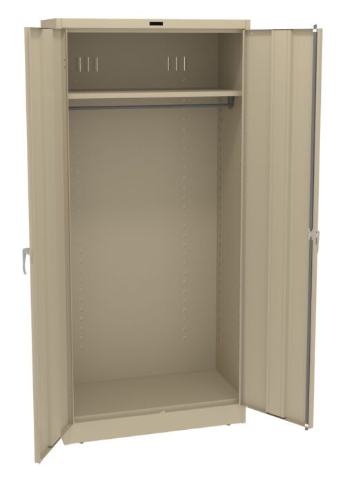 A beige metal storage cabinet with open double doors. Inside, there is a long horizontal shelf at the top and an empty space below, indicating its use for storing large items or hanging clothes. The cabinet has a simple, industrial design.