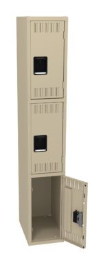 A beige two-tier metal locker with black handles. The top door is closed, while the bottom door is open, showing the empty interior. The locker has ventilation slots on each door.