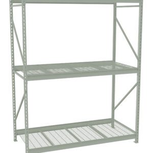 A large, industrial metal shelving unit with three shelves. The frame is light gray, featuring a sturdy grid design on each shelf. The unit is empty and positioned against a white background.
