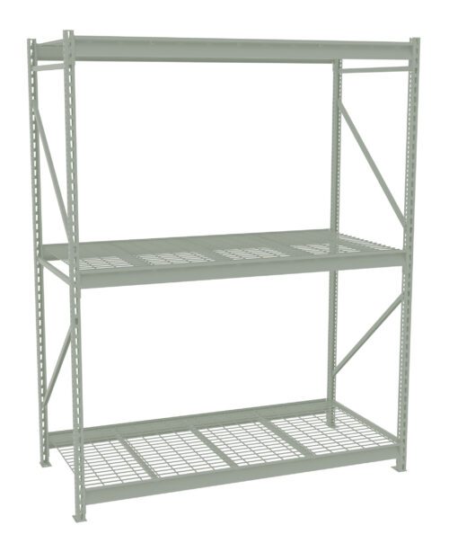 A large, industrial metal shelving unit with three shelves. The frame is light gray, featuring a sturdy grid design on each shelf. The unit is empty and positioned against a white background.