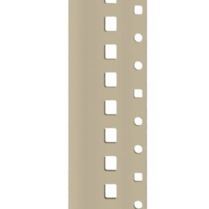 A vertical, beige, metal strip with a row of evenly spaced square holes running along its length. The background is plain white.