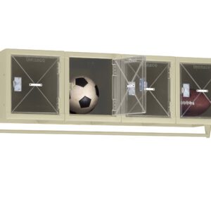A beige locker unit with three sections, each with a transparent door. The left section contains a soccer ball, the middle section is open and empty, and the right section contains a football.