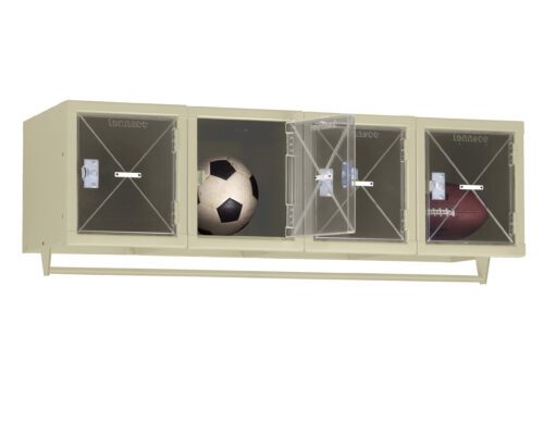 A beige locker unit with three sections, each with a transparent door. The left section contains a soccer ball, the middle section is open and empty, and the right section contains a football.