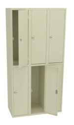 A beige metal locker unit with six compartments, three on top and three on the bottom. Some doors are open, revealing empty interior spaces. The locker has a simple, industrial design.