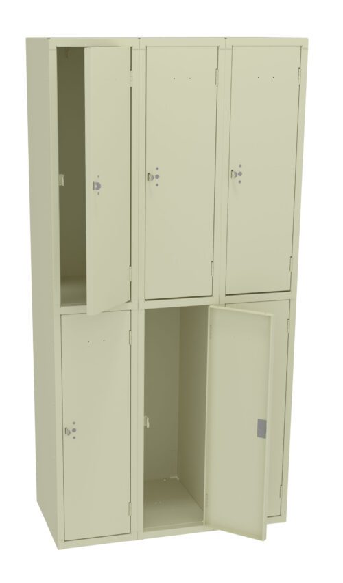 A beige metal locker unit with six compartments, three on top and three on the bottom. Some doors are open, revealing empty interior spaces. The locker has a simple, industrial design.