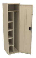 A beige metal storage locker with an open door. Inside, there are multiple shelves on the left for storage and a hanging rod on the right side. The locker has a rectangular handle on the door.