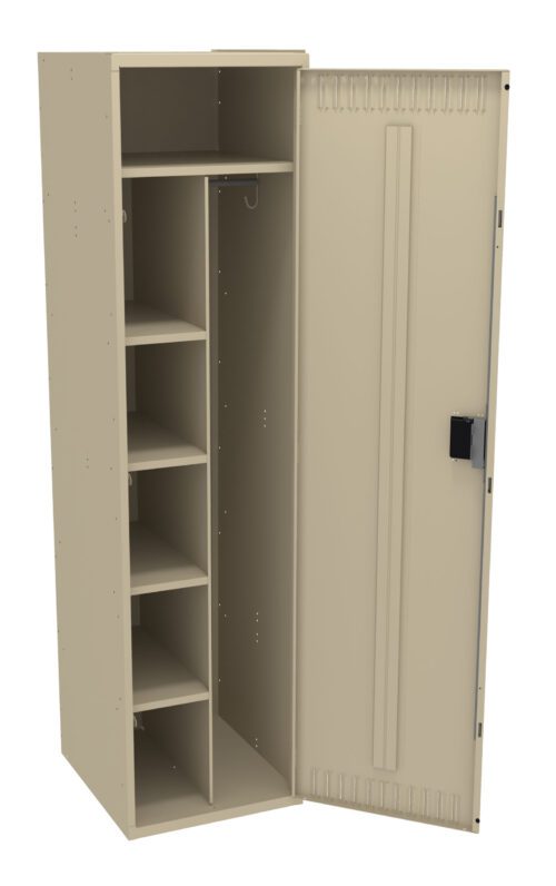 A beige metal storage locker with an open door. Inside, there are multiple shelves on the left for storage and a hanging rod on the right side. The locker has a rectangular handle on the door.