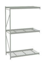 A three-tier metal shelving unit with a simple design. The top shelf is solid, while the middle and bottom shelves have a grated pattern. The structure is supported by metal beams with a light gray finish.