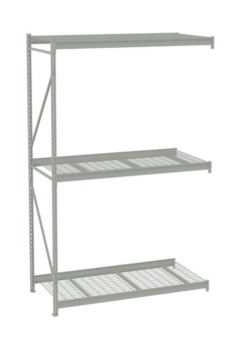 A three-tier metal shelving unit with a simple design. The top shelf is solid, while the middle and bottom shelves have a grated pattern. The structure is supported by metal beams with a light gray finish.