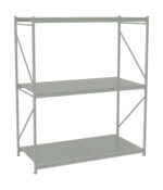 A metal shelf unit with three levels, featuring a simple, open design. The shelves are evenly spaced and supported by vertical and diagonal bars for stability. The unit is light gray in color and stands on four sturdy legs.