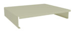 A beige, rectangular metal monitor stand with a minimalist design. It has a flat top and two vertical side supports, elevating the surface for better ergonomics.