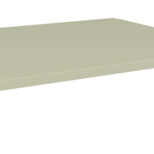 A beige, rectangular metal monitor stand with a minimalist design. It has a flat top and two vertical side supports, elevating the surface for better ergonomics.