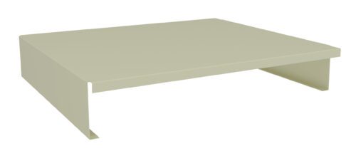 A beige, rectangular metal monitor stand with a minimalist design. It has a flat top and two vertical side supports, elevating the surface for better ergonomics.
