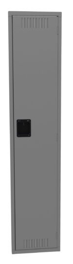 A tall, gray metal locker with a black rectangular handle in the center. It has vented slots on the top and bottom. The locker is closed and has a simple, minimalist design.