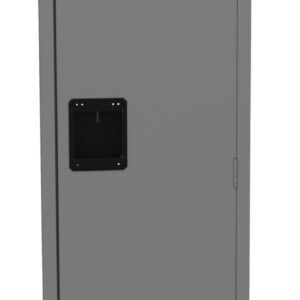 A tall, gray metal locker with a black rectangular handle in the center. It has vented slots on the top and bottom. The locker is closed and has a simple, minimalist design.