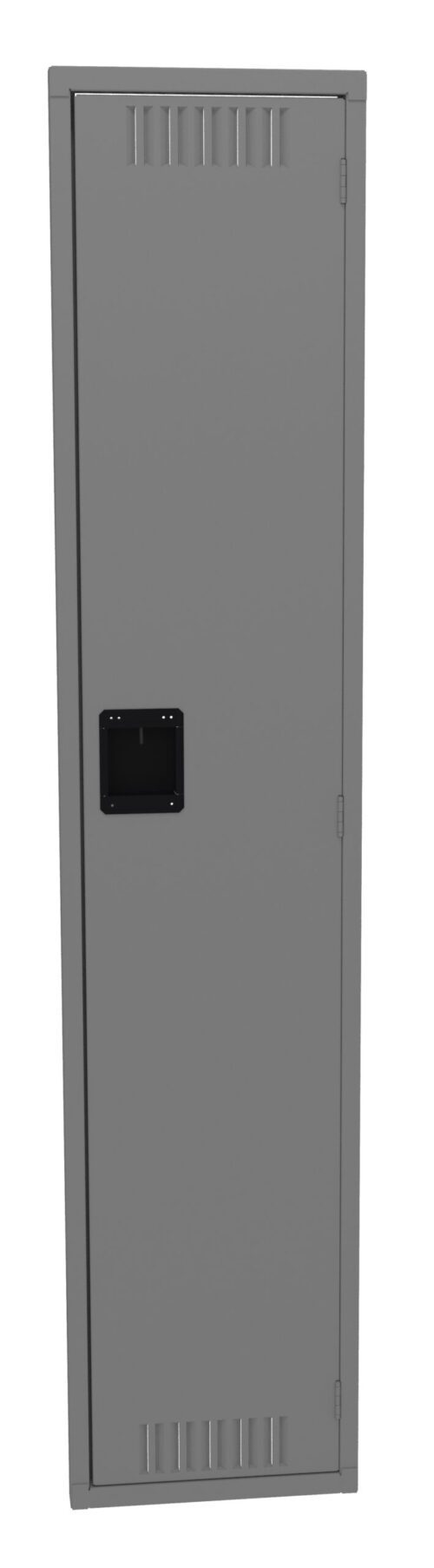 A tall, gray metal locker with a black rectangular handle in the center. It has vented slots on the top and bottom. The locker is closed and has a simple, minimalist design.