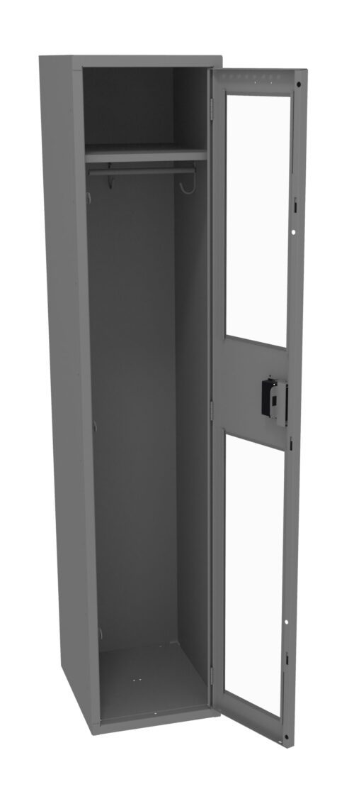 A tall, open gray metal locker with a clear window panel on the door. It features a hanging rod inside and a lock mechanism on the door.