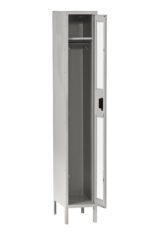A tall, gray metal locker stands with its door open, revealing an empty interior. Inside, theres a single hook and a shelf at the top. The locker is supported by four metal legs.
