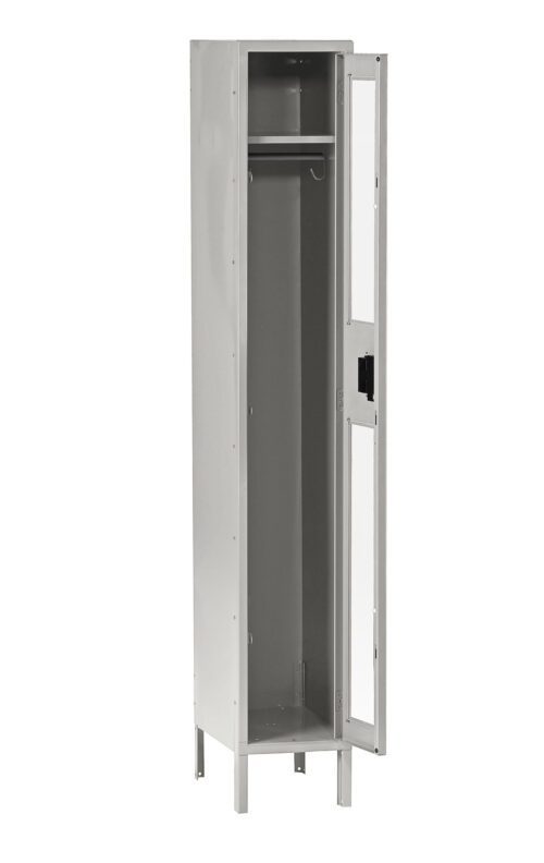 A tall, gray metal locker stands with its door open, revealing an empty interior. Inside, theres a single hook and a shelf at the top. The locker is supported by four metal legs.