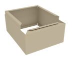 A beige, open-top cardboard box with minimal design and structure is shown. The box appears empty, with its flaps neatly folded down on the outside.