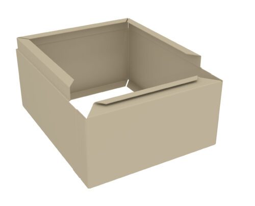 A beige, open-top cardboard box with minimal design and structure is shown. The box appears empty, with its flaps neatly folded down on the outside.