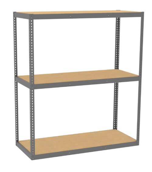 A three-tiered metal shelving unit with beige wooden shelves. The frame is a simple, sturdy metal structure with adjustable shelves. The design is functional for storage or organizing spaces such as garages or workshops.