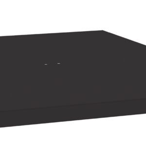 A black, rectangular metallic panel with smooth surfaces and a few holes on the side and center. The panel appears to have a slight elevation from the surface it rests on.