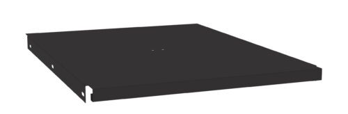 A black, rectangular metallic panel with smooth surfaces and a few holes on the side and center. The panel appears to have a slight elevation from the surface it rests on.