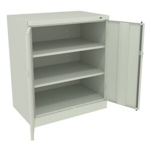 A light gray metal cabinet with two doors, one open and one partially open, revealing three empty shelves. The cabinet has a simple rectangular design suitable for storage in an industrial or office setting.
