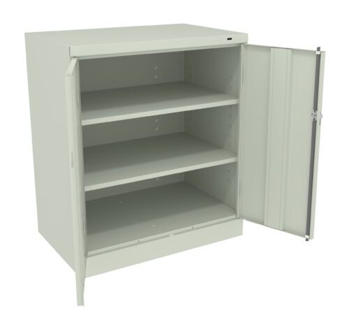 hvuvewn440cpaqn5wfij.jpg A light gray metal cabinet with two doors, one open and one partially open, revealing three empty shelves. The cabinet has a simple rectangular design suitable for storage in an industrial or office setting.