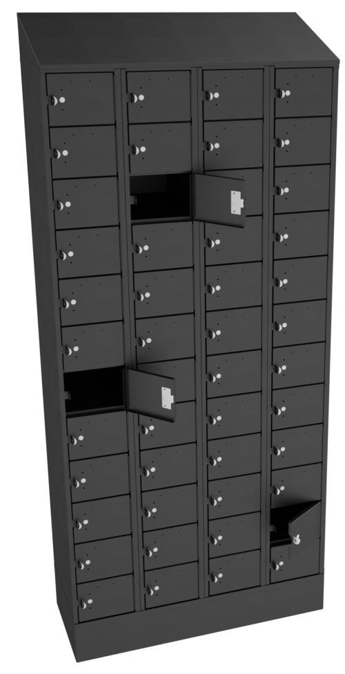 hvxohenss1c2tgz0yhqr.jpg A tall, black locker unit with multiple small compartments isda arranged in five columns. Several compartments are open, revealing their interior. Each compartment has a lock and a small handle.
