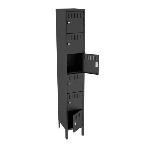 A tall, black metal storage locker with six compartments, five of which are closed. The second compartment from the top is open, revealing an empty interior. Each compartment has a handle and a small vent for airflow.
