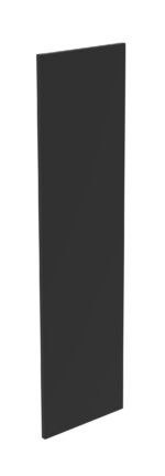 A tall, rectangular, flat black panel standing upright against a white background. The panels surface appears smooth and featureless, with its edges sharply defined.