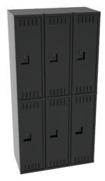 A set of six black metal lockers arranged in two columns and three rows. Each locker has a vented door and a keyhole, designed for secure storage.