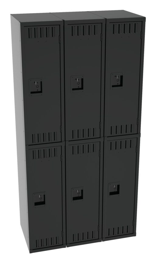 A set of six black metal lockers arranged in two columns and three rows. Each locker has a vented door and a keyhole, designed for secure storage.