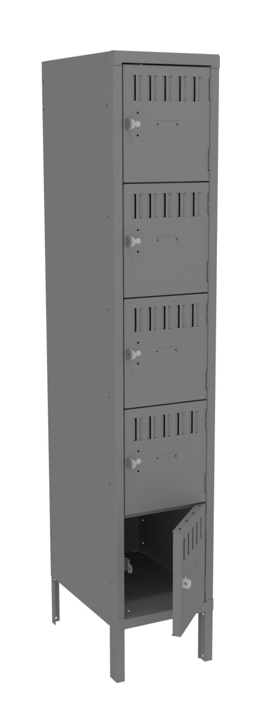 A tall, gray metal locker with four compartments stacked vertically. The bottom compartment door is open, revealing an empty interior. Each compartment has a vented design and a round lock mechanism.