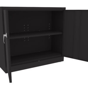 A black metal storage cabinet with one door open, revealing two shelves inside. The cabinet has a minimalist design with a handle on each door.