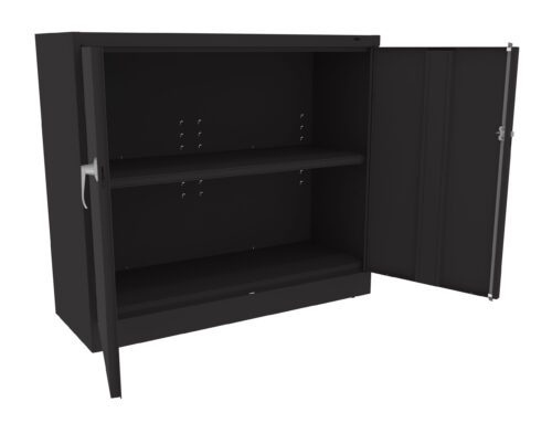 hxiwnscit8yc4dfrpkjg.jpg A black metal storage cabinet with one door open, revealing two shelves inside. The cabinet has a minimalist design with a handle on each door.