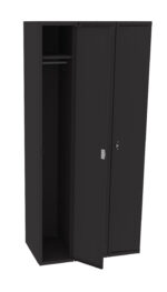 A black metal locker with three compartments is shown. The middle door is slightly open, revealing a hanging rod inside. The locker has a simple, industrial design.